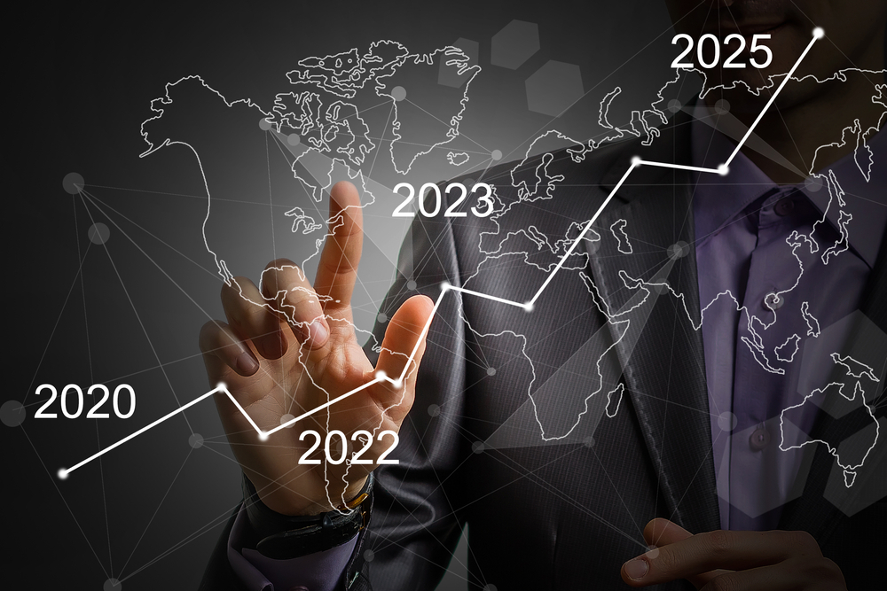 Artistic. Suit and hands. Outline of the continents. Line trending upward with 2020 on the left and 2025 on the right.