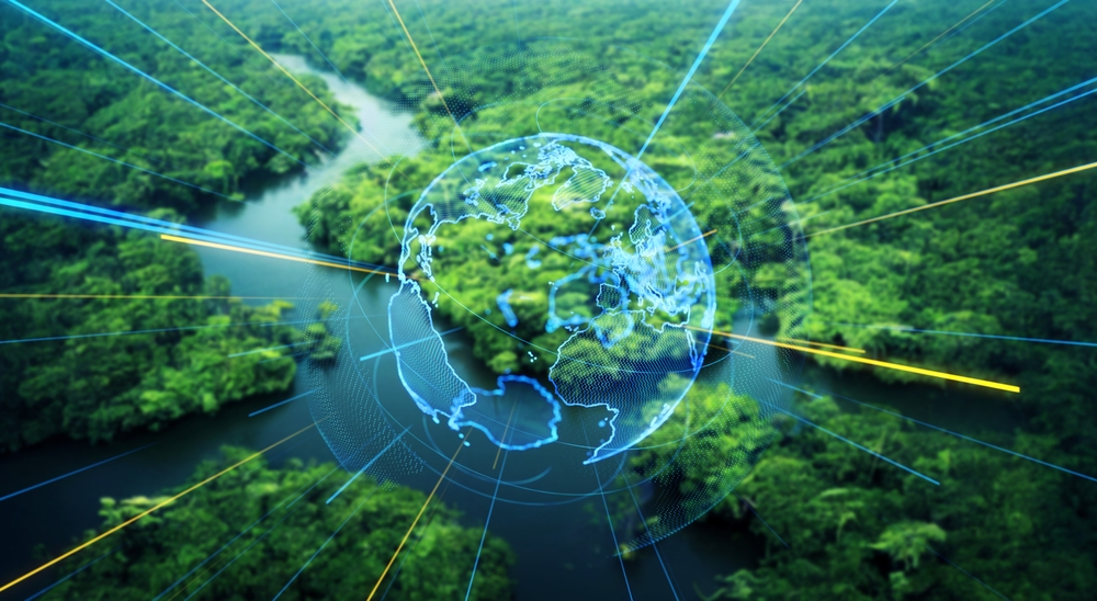 Background: rain forest and a river. Foreground: digital electronic artistic globe.