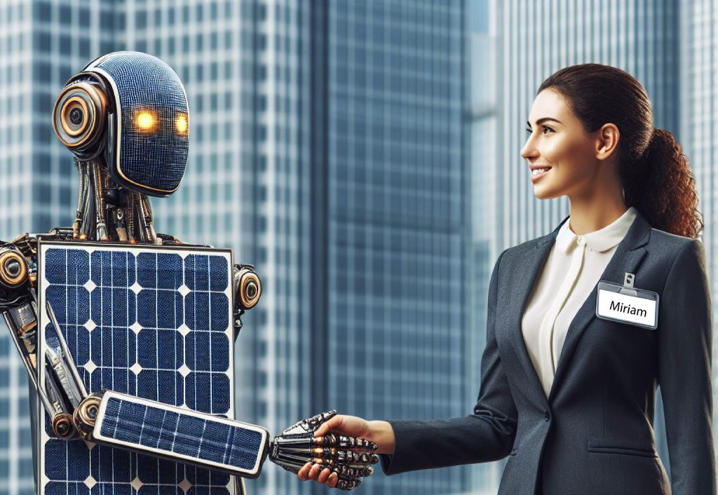 A robot made of solar panels shakes the hand of a woman in a suit with a name tag that says "Miriam"