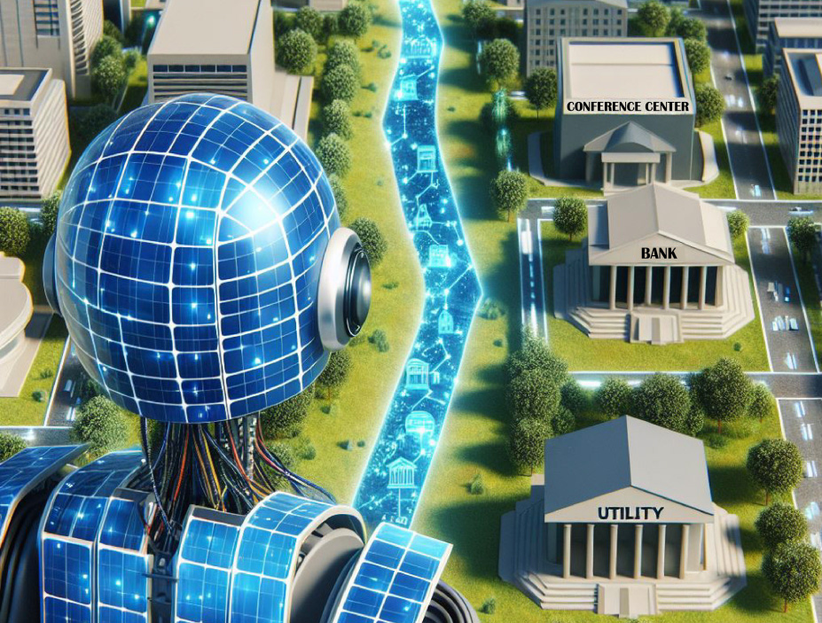A robot made of solar panels looks at a row of buildings labeled "bank,", "utility," and "conference center."