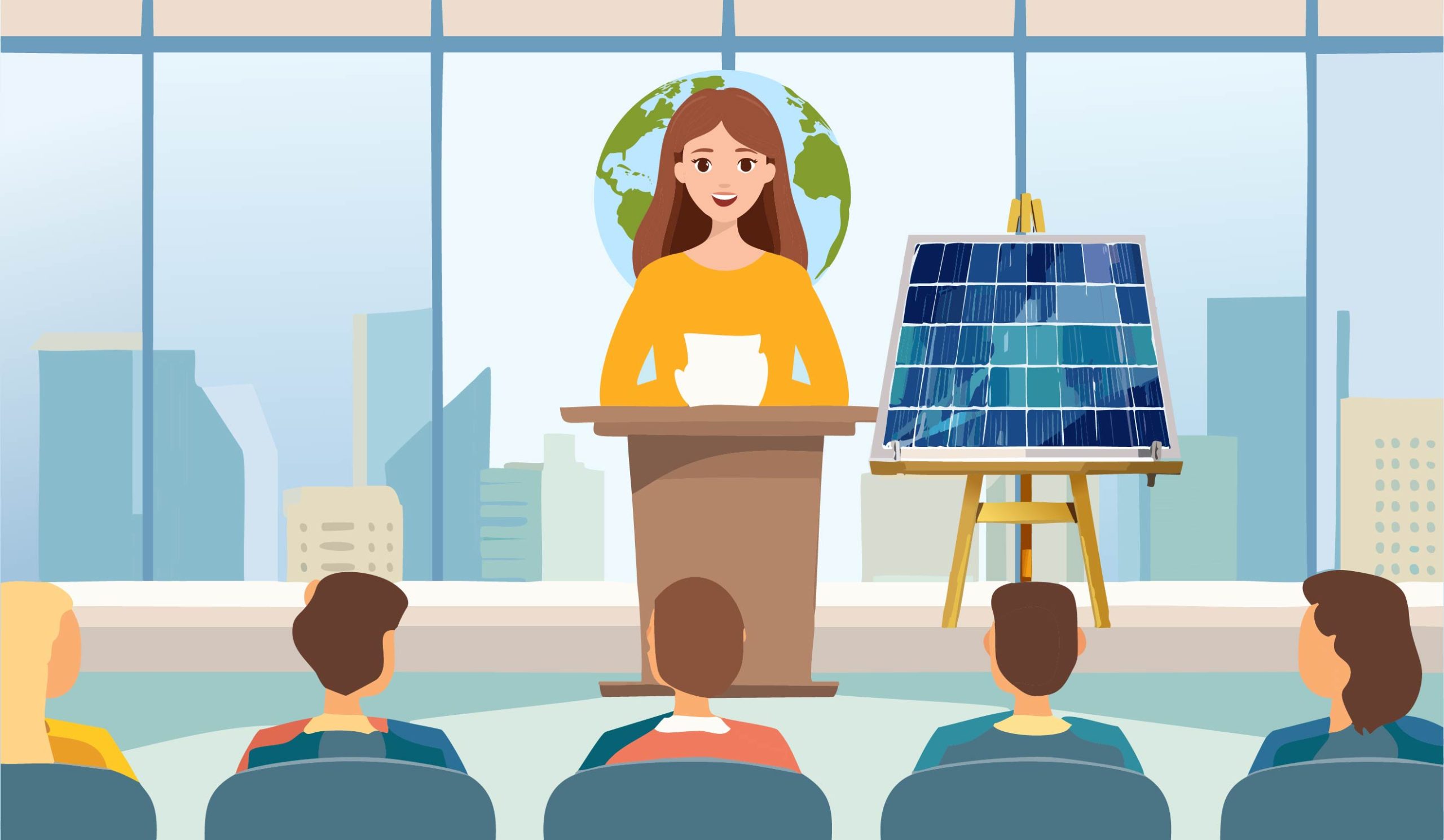 Woman speaking at a lectern. Lobe of the earth behind her head and shoulders. An easel with a solar panel on it.