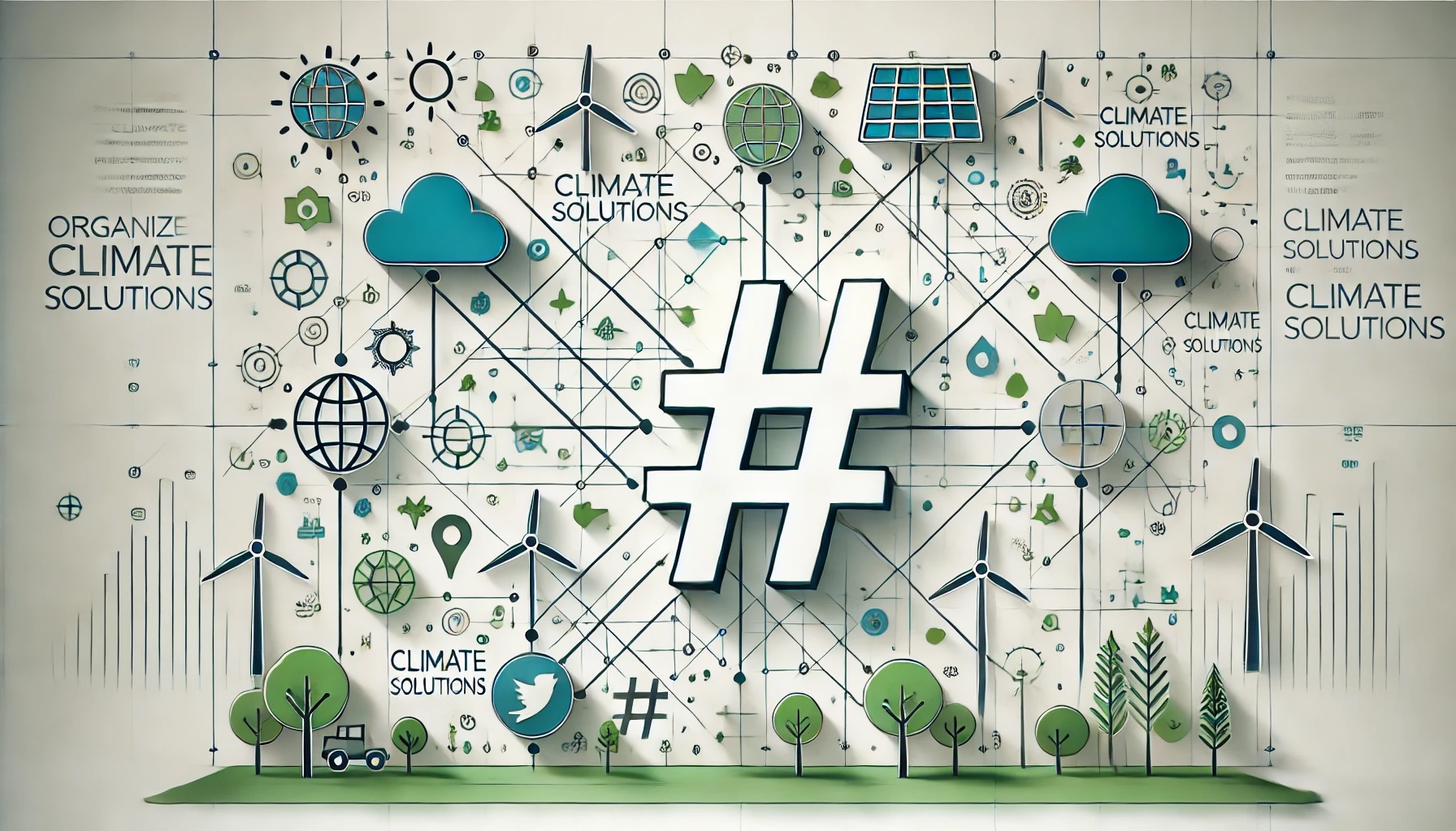 Windmills, solar panels and trees. A giant # in the middle of the image